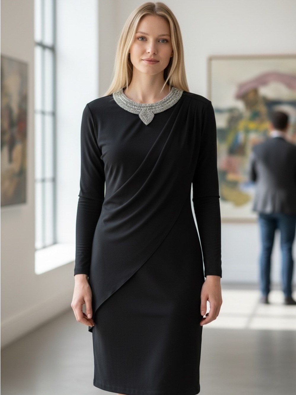 Ricky Lang Nuit Beaded-Collar Black Long-Sleeve Sheath Dress Size 4 Vintage